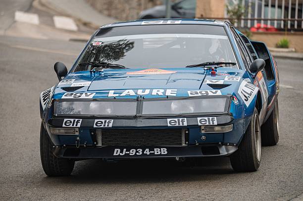 Sant Hilari Sacalm, Spain – March 15, 2025: Blue Alpine A310 rally car driven by Herve Guignard and Jean-Jacques Collinet in the 73 Rally KH7 Costa Brava