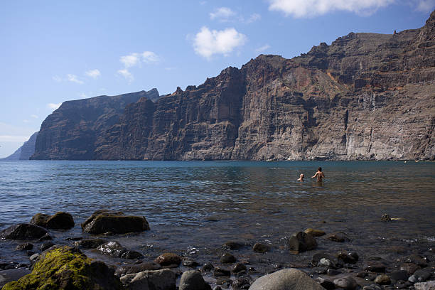 People swimming at Playa de los Guios with the towering volcanic cliffs of Los Gigantes rising behind them