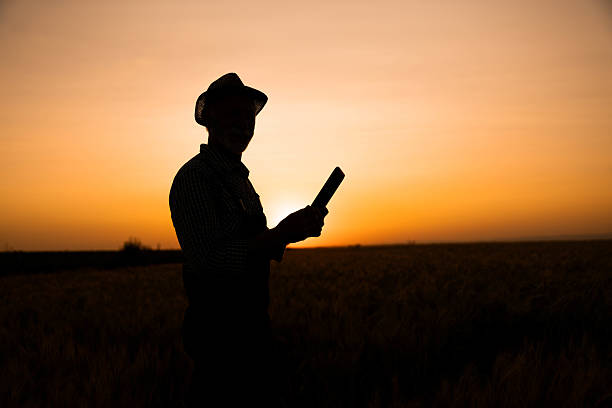 istock Silhouette of Farmer at Dusk with Tablet 2221712831