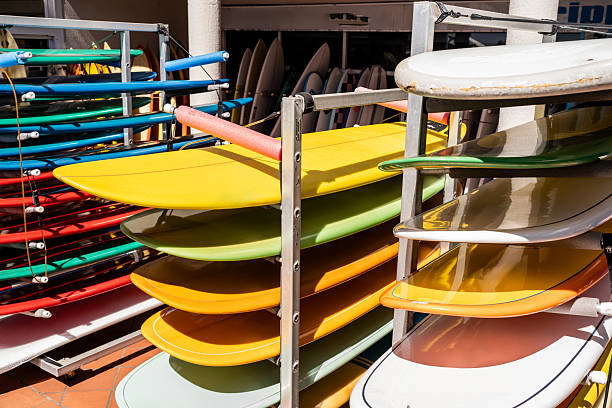 Background of surfing boards on a wall in surf camp