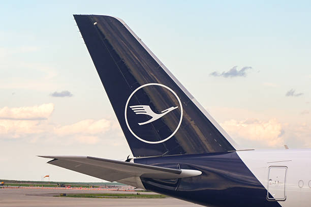 Denver, Colorado, USA - 5 June 2025: Tail fin of a passenger jet operated by German airline Lufthansa.