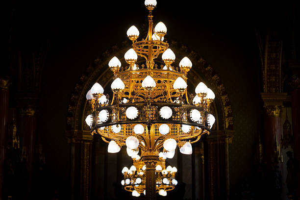 View of the decorative ceiling surrounding the gold chandelier at Uspenski Cathedral in Helsinki, Finland.