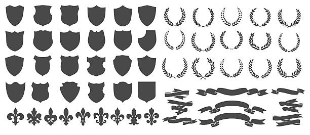 Heraldic symbols. Black laurel wreaths ribbons shields lily flowers silhouette set. Vintage royal elements for decor isolated vector illustration