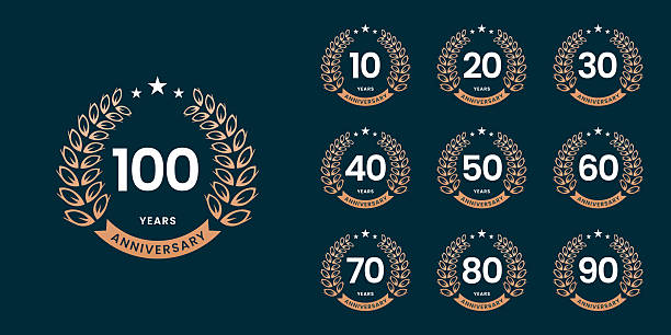 istock Set of vector icon or logo designs for 10th to 100th anniversary with laurel wreath, in gold color for celebrations, weddings and birthdays 2221741313