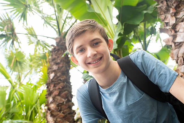 istock 12 year old smiling boy with backpack sits under palm trees 2221747918