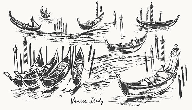 Hand drawn ink Venice gondolas sketches set in the channel with waves. Vector illustration.