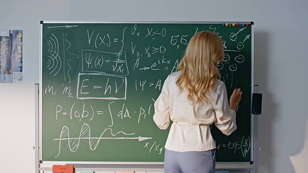 istock Math teacher writing equations on blackboard closeup. Woman educator teaching 2221750713