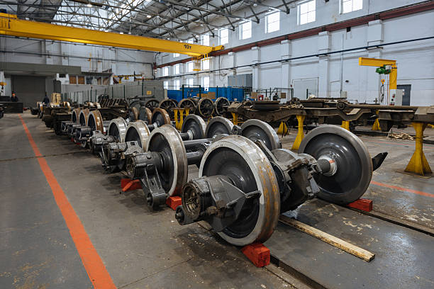 istock Steel train wheels at service in wagon repair workshop 2221763716