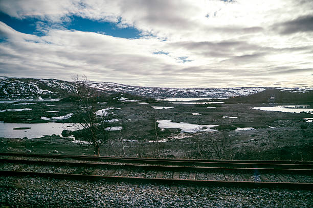 Train tracks and fjord in springtime