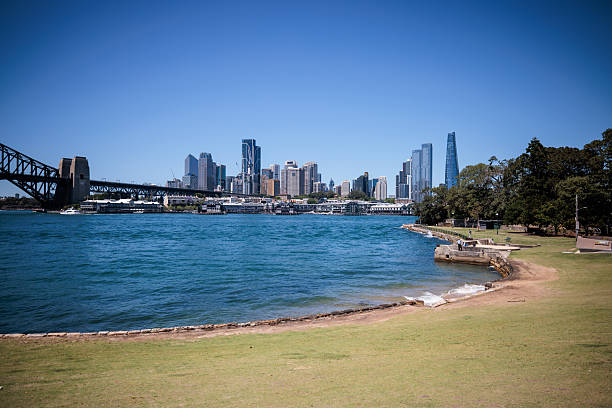 Stunning view of Sydney’s modern skyline reflected in the calm harbor waters beneath a clear blue sky.