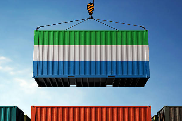 istock Sierra Leone trade cargo container hanging against clouds background 2221771441