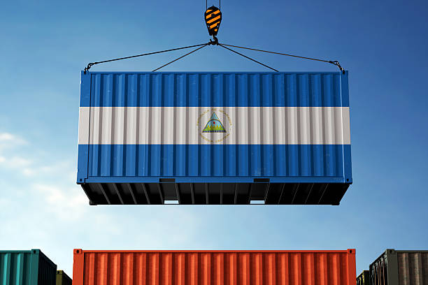 istock Nicaragua trade cargo container hanging against clouds background 2221772935
