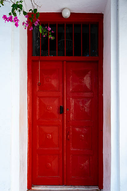 istock Red door with bougainvillea flower 2221778507