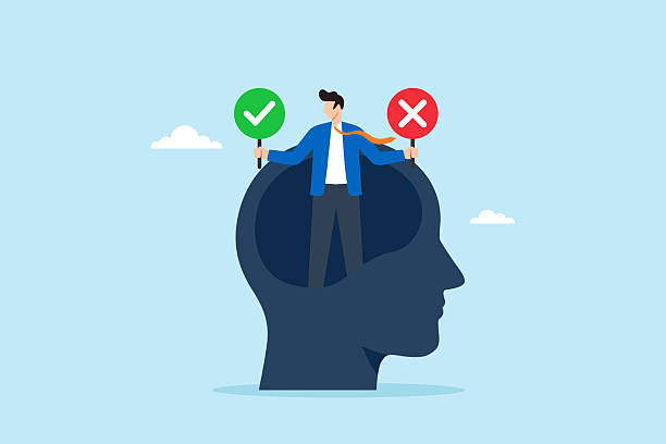 istock Flat illustration of businessman holding check mark and cross signs inside head silhouette representing internal dilemma decision making and critical thinking 2221782812