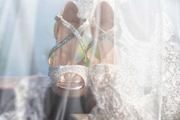 Close-up of a bride’s feet in delicate shoes walking along a rustic woodland path. Represents wedding day moments, nature-themed ceremonies, and romantic simplicity.
