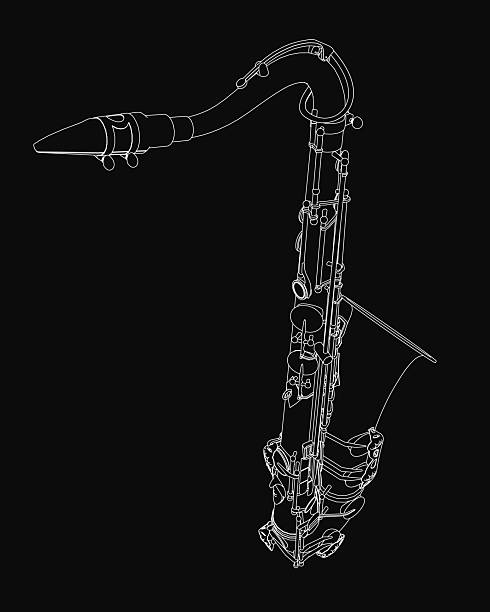 Saxophone drawn in black and white with intricate details of keys, strings, and curved body. The stark contrast against the black background highlights its elegant silhouette.
