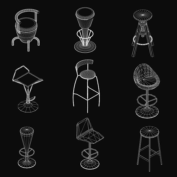 istock A set of bar stools arranged on a sleek black background, showcasing various shapes and sizes in a clean 3D model. The modern chairs feature minimalist designs with smooth curves and sturdy frames. 2221785944