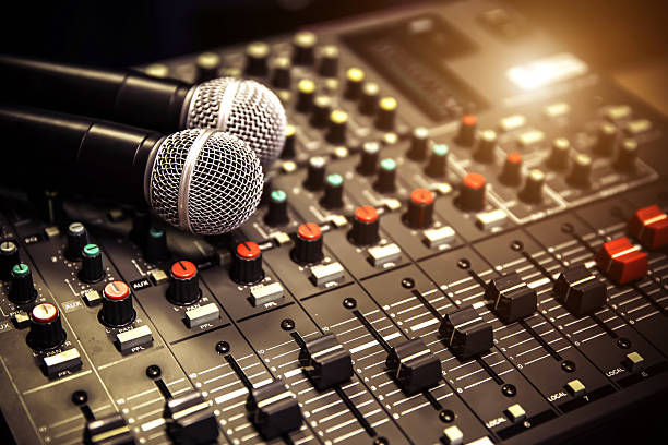 istock Close-up microphone and sound mixer in studio for sound record control system and audio equipment and music instrument 2221786802