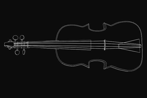 Black and white line art violin on a dark background, featuring detailed strings, bridge, and bow. The instrument's elegant curves and neck are clearly defined, creating a striking contrast.