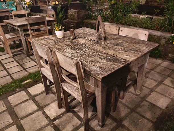 Vintage wooden chair and table in the night at classic theme cafe
