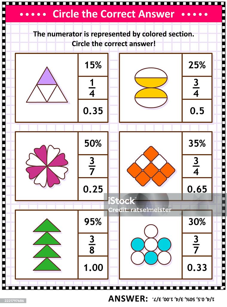 Fractions, percents, decimals. Quiz cards. Circle the correct answer! Educational math worksheet, or task cards. Activity stock vector Fractions, percents, decimals. Quiz cards. Circle the correct answer! Educational math worksheet, or task cards. Activity stock vector