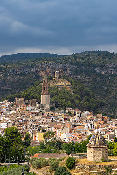 istock Jerica cityscape featuring church tower, medieval architecture, and mountainous backdrop in Valencian Community, Spain 2221801103