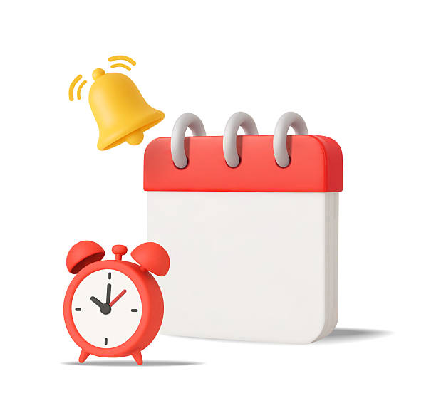 istock 3d minimal blank calendar with yellow notification bell, alarm clock, isolated on white background. Realistic mockup calendar, deadline and due date planning icon in 3d vector 2221804685