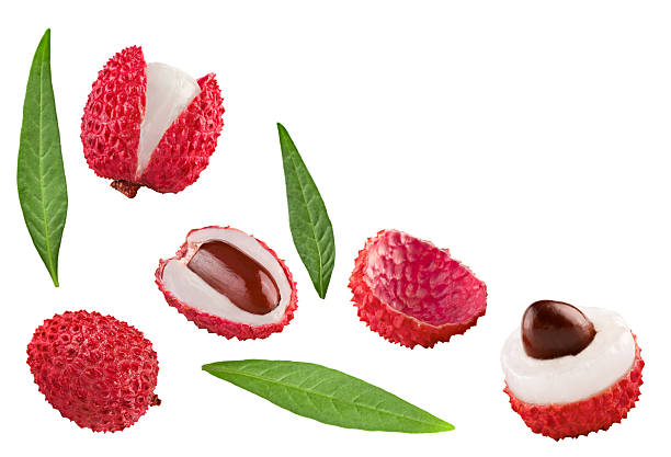 istock Fresh lychee with leaves isolated on white background. clipping path 2221806909
