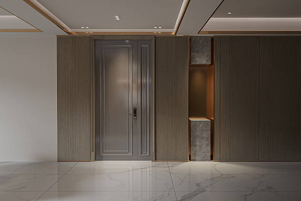 istock Modern Entryway Decor Abstract Wall Art and Stylish Console with Sculptures 2221807889