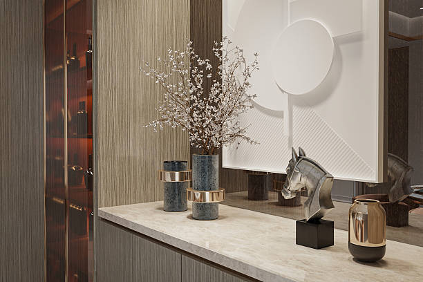 Modern Interior Entry Console with Marble Accent Wall and Ambient Lighting