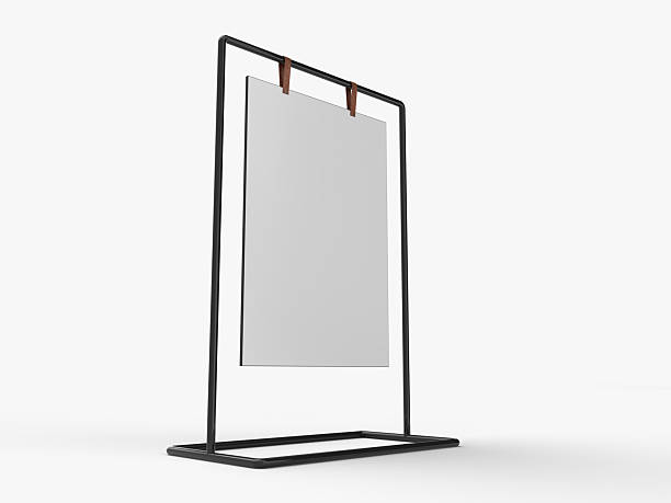 istock 3D Realistic floor standing display mockup with metal base and leather. Blank portable vertical info white placard sign holder stand for presentation poster, banner, ads, products or exhibition info 2221810042
