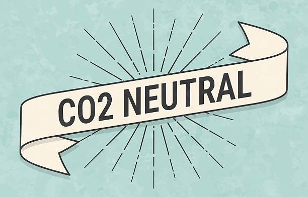 CO2 Neutral. Banner, ribbon, label in a trendy vintage style. Beautiful retro ribbon with old textured paper and sunbursts in the background. Colors used: green, blue, beige and black. The banner is beige with a black outline, the sunbursts and the text are black. The background is green-blue. Vector Illustration (EPS file, well layered and grouped). Easy to edit, manipulate, resize or colorize. Vector and Jpeg file of different sizes.