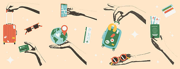 Travel collage with photocopy hand and flat tourism elements. Human arms palm holding suitcase, location map pin, globe, tickets. Luggage, sunglasses. Vector journey collection illustration isolated.