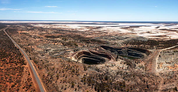 Panoramic aerial view from Lake Goonarrie and an old gold mine on the Goldfields Highway. In the near from Menzies. Goonarrie, Western Australia, Australia