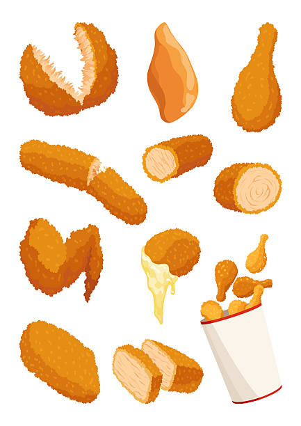 Fried chicken set. Crispy fried chicken pieces isolated on white background. Beautiful delicious in cartoon style. Fresh fast food fry meat. Hot wings, drumsticks, crispy strips Fried chicken set. Crispy fried chicken pieces isolated on white background. Beautiful delicious in cartoon style. Fresh fast food fry meat. Hot wings, drumsticks, crispy strips. fried chicken stock illustrations