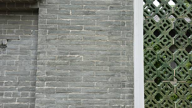 A harmony of solid brickwork and intricate window patterns found in traditional Chinese buildings.
