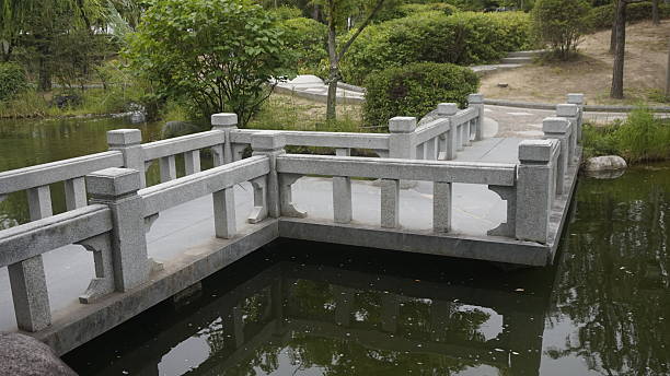 istock Stone bridge with railing crossing tranquil garden pond 2221821435