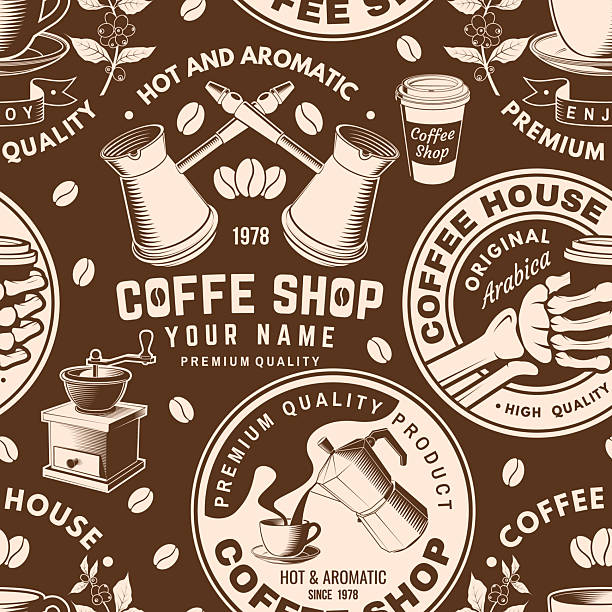 Coffee shop seamless pattern or background. Vector Seamless scene with paper coffee cup, branch of coffee tree, grinder silhouette. Coffee shop background for wallpaper or wrapper Coffee shop seamless pattern or background. Vector Seamless scene with paper coffee cup, branch of coffee tree, grinder silhouette. Coffee shop background for wallpaper or wrapper. luxury coffee machine stock illustrations