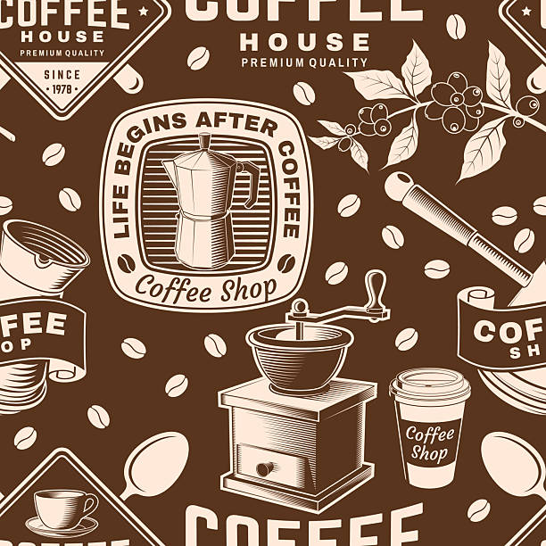 Coffee shop seamless pattern or background. Vector Seamless scene with paper coffee cup, branch of coffee tree, grinder silhouette. Coffee shop background for wallpaper or wrapper Coffee shop seamless pattern or background. Vector Seamless scene with paper coffee cup, branch of coffee tree, grinder silhouette. Coffee shop background for wallpaper or wrapper. luxury coffee machine stock illustrations