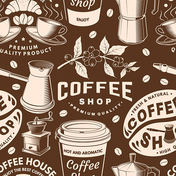 Coffee shop seamless pattern or background. Vector Seamless scene with paper coffee cup, branch of coffee tree, grinder silhouette. Coffee shop background for wallpaper or wrapper Coffee shop seamless pattern or background. Vector Seamless scene with paper coffee cup, branch of coffee tree, grinder silhouette. Coffee shop background for wallpaper or wrapper. luxury coffee machine stock illustrations