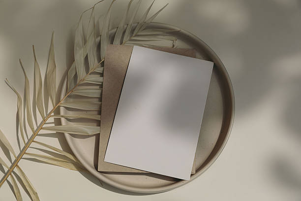 istock Summer tropical minimal wedding stationery. Blank vertical greeting card mockup, beige envelope, invitation. Ceramic plate in sunlight, palm leaf. Table background with shadows overlay. Flatlay, top 2221829896