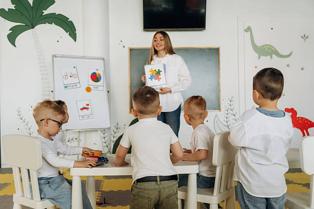 istock Having fun by learning. Children in kindergarten with their teacher 2221831495