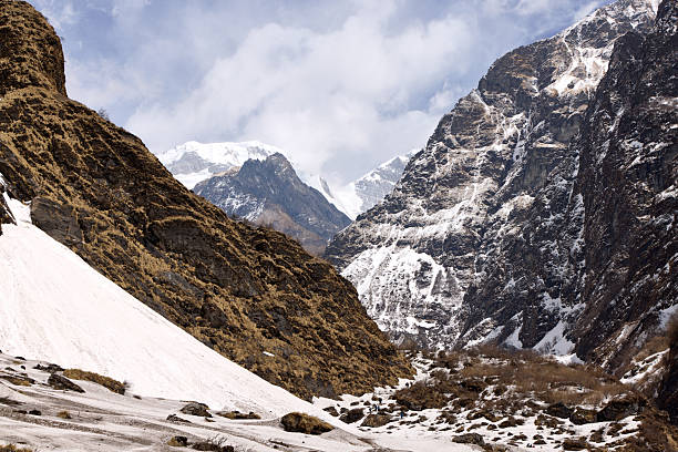 Explorers traverse the Annapurna trekking path, surrounded by towering mountains and stunning snow-covered terrain, experiencing the beauty of Nepal's high-altitude wilderness