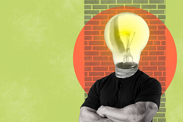 Collage with man and light bulb on yellow background