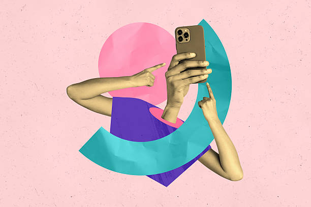 istock Composite photo collage of hands show index finger instead head arm hold iphone device photographing camera isolated on painted background 2221835738
