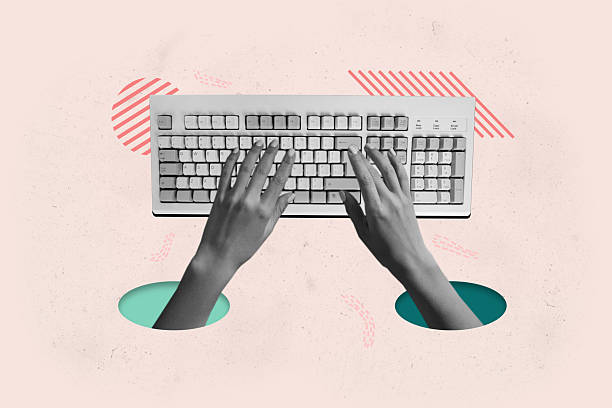 istock Creative collage picture hands bpdy fragments typing keypad buttons keyboard device pc digital internet user drawing background 2221835790