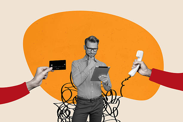 istock Composite trend artwork sketch image photo collage of young man office manager multitasking stand hold epad credit bank card landline phone 2221837460
