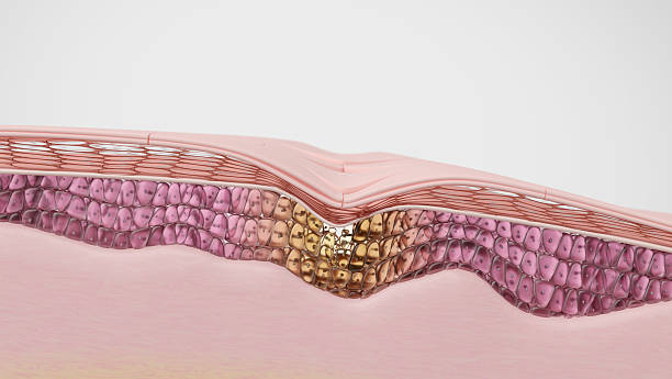 Cross-section of skin showing sunken surface. Concept of wrinkle or acne scar appearance.