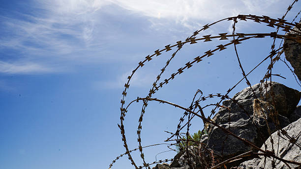 istock barbed wire fence near sea with trash pollution 2221839148