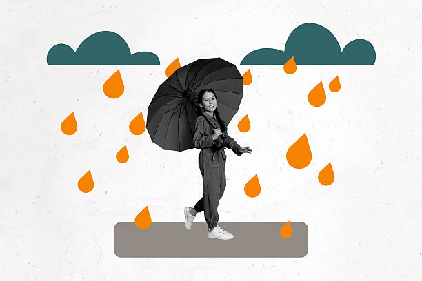 Composite trend artwork image collage of autumn season fall outdoors rainy weather drops clouds young lady step outdoors protect umbrella.